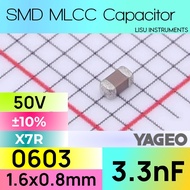 3.3nF 0603 50V X7R ±10% SMD MLCC Ceramic Capacitor Yageo CC0603KRX7R9BB332
