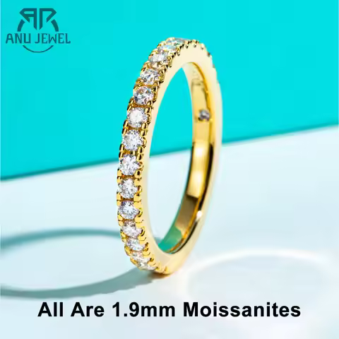 AnuJewel 1.9MM D Color Moissanite Diamond Band Ring 18K Gold Plated Wedding Yellow Color Rings for W