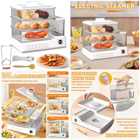 24L/25QT Electric Steamer, 3 Tier Food Steamer, Commercial StainlSteel Steamer with Detachable Water