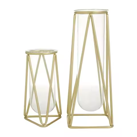Gold Metal Stand Glass Vase Set of 2 9" 13"H Tube Modern Home Decor Glass Vases Clear Tube Bold Desi