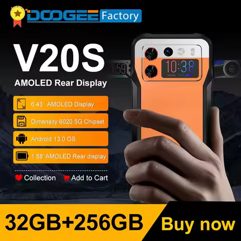 DOOGEE V20S Rugged Smartphone 5G 12GB 256GB Dimensity 6020 Octa Core Mobile Phone 1.58" AMOLED Rear 