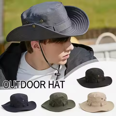 Wide Brim Sun Hat Men Women Outdoor Mountaineering Fisherman Hat Camping Hat with Rope Anti-snout Ou