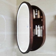 Wholesale round Bathroom Mirror Cabinet with Light Solid Wood Smart Mirror Box Anti-Fog Storage Bathroom Makeup Wall Hanging round Mirror