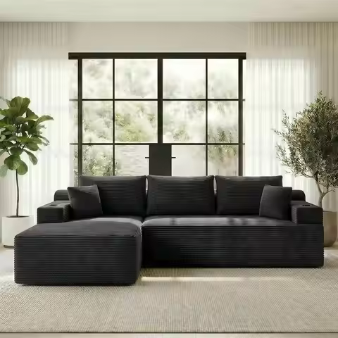 L-Shaped Sectional Sofa with Cloud-Like Comfort, Oversized Corduroy Couch, Chaise and 5 Pillows, Rea