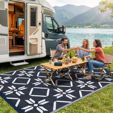 9x12 Waterproof Outdoor Rug, Reversible Patio Mat, Non-Slip Easy Clean RV Carpet with Carry Bag for 