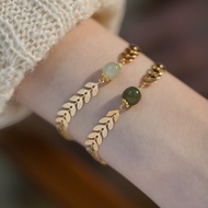 18K Gold Bay Leaf Hetian Jade Beads Charm Bracelet Women Ins Luxury Jewelry 【Not Fade】