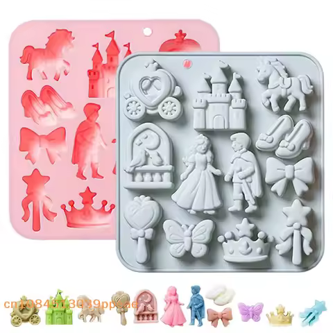 {QTG333} 12 Cavity Prince, Princess Silicone Mold 3d Bow, Castle, Horse Fondant Candy Chocolate Moul