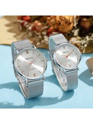 2入組經典簡約款石英手錶,不鏽鋼材質,奢華銀色超薄商務情侶手錶,男性和女性的假日禮物