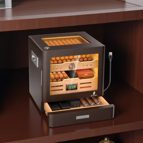 Cigar Humidor Cabinet,LED Lighting,Digital Hygrometer,2 Humidifiers,Cigar Tube,Desktop,Cedar Wood,wi