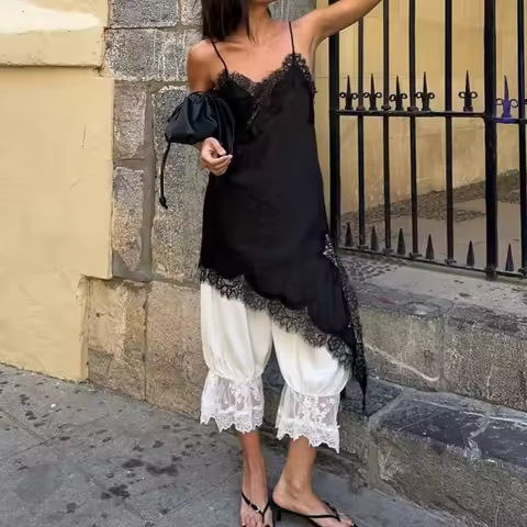 Soft Womens Satin Lace Trim Asymmetrical Top Y2k Irregular Hem Tanks Vest Top V Neck Coquette Going 