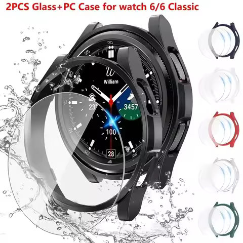 2PCS Glass+Case for Samsung Galaxy Watch 6 Classic 43mm 47mm Waterproof PC Bumper Cover+Screen Prote