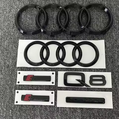 2PCS 4Ring logo ABS Black Car Hood Front Grill Emblem Rear Trunk Badge Sticker 1P Q8 1P Quarrto 2P S