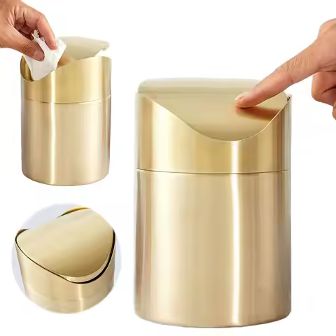 Countertop Trash Bin with Swing Lid Golden Tiny Kitchen Waste Bin Bathroom Trash Bin for Office Parl