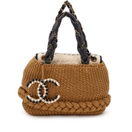 Chanel Beige and Cream Woven Raffia Black Lambskin Braided Handle Coco Country Tote Brushed Gold Hardware, 2009-2010