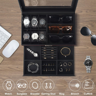 Watch Box Mens Jewelry Box with 6 Slot Watch Case & 3 Slot Sunglasses Organizer 2 Layers Lockable Wa