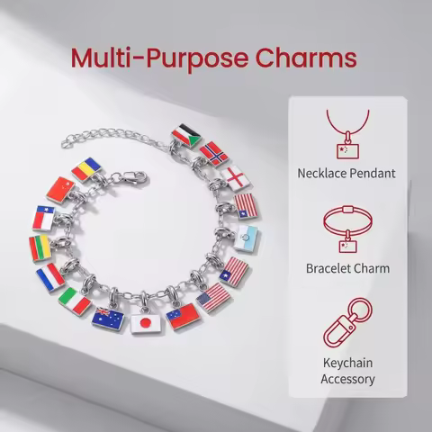 Country Flag Charms Bracelet Necklace Bagchain Pendants With Lobster Clasp Stainless Steel DIY Comme