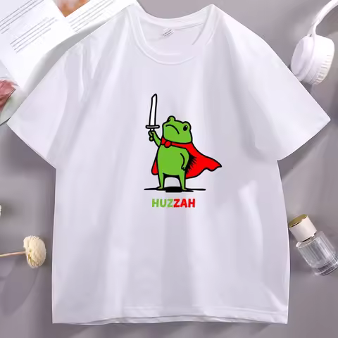Funny Frog Warrior Tshirt Huzzah Frog T Shirt Cotton Short Sleeve Cute Frog with Sword T-Shirt Fanta