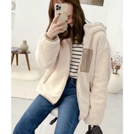 Two Contrast Color Soft Lamb Wool FLORA [e 53] Pocket Hooded Fur Coat