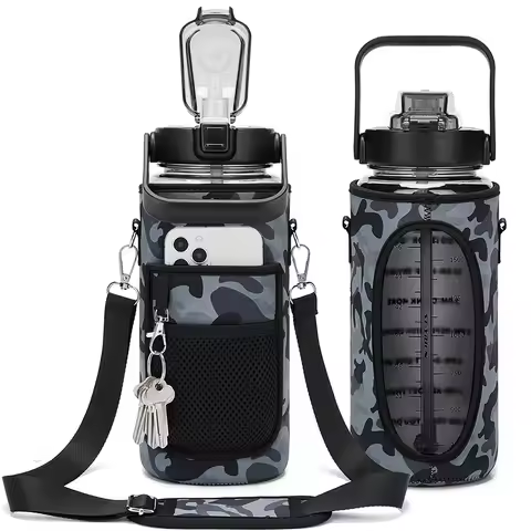 Half Gallon Water Bottle with Sleeve 2L Leak-proof BPA-Free Motivational Drink Water Bottle with Str
