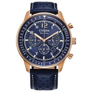 Men's Eco-Drive Weekender Sport Casual Chronograph Rose Gold Stainless Steel Watch with Blue Leather