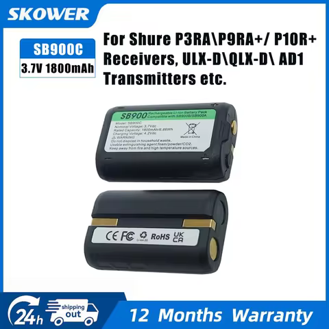 SKOWER 1800mAh SB900B SB900C Battery for Shure P3RA P9RA+ P10R+ Receivers ULX-D/ULXD1/QLX-D/AD Trans