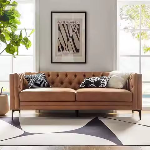 3-Seater Button-Tufted Leather Sofa with Metal Legs, 84 Wide, Century Modern Style for Living Rooms 