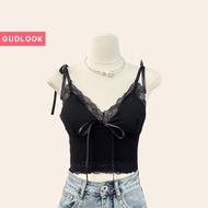 Áo 2 dây viền ren buộc dây nơ có mút ngực GUDLOOK hai màu đen trắng dáng croptop