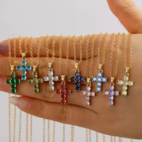 Birthstone Necklace 18K Gold Plated Zircon Necklace Cross Pendant Necklace for Women