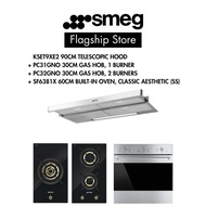 SMEG MDA Bundle Deal Hood, Hob &amp; Oven, 90cm Telescopic + Domino Gas hob ,1 Gas + Domino Gas hob (Glass), 2 Gas+60cm Oven