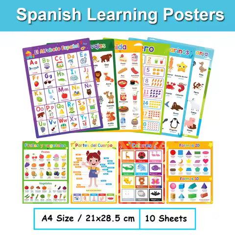 Spanish English Bilingual Words Learning A4 Posters Charts for Kids Kindergarten Classroom Decoratio