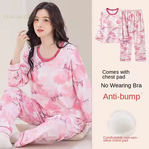 Spring Autumn Nightwear Pjs Young Women's Pajama Sets Bust-Padded Pyjamas Polka Dots Sleepwear Loung
