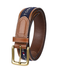 Men's Ribbon Inlay Fabric Belt with Single Prong Buckle, Navy, Medium