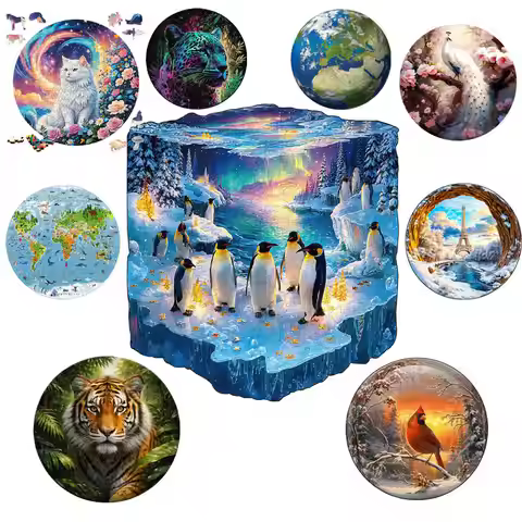 Lovely Penguin Wood Jigsaw Unique Circular Wooden Animal Puzzle for Adult Kids Intelligent DIY Toys 