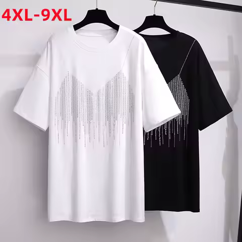New 2022 Summer Plus Size Tops For Women Large Size Short Sleeve Cotton Black White Diamonds T-shirt