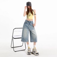 實拍 水洗淺藍色七分牛仔褲2026春夏新款高個子顯瘦寬鬆闊腿褲子-復古藍七分褲 XS