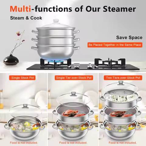 3-Layer Stainless Steel Steamer & Multi-layer Food Steaming Pot with 2 Steamers+1 Pan+1 Glass Lid, 1