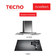 (HOOD + HOB) Tecno KA 9808 / KA9808 High Line Glass Chimney Cooker Hood + Tecno T 788GI / T788GI (73cm) Gas-Induction Hybrid glass hob