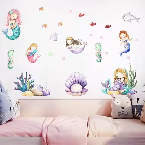 1Pc Cartoon Ocean Mermaid Wall Sticker Kids Room Girls Decoration for Bedroom Baby Room DIY Wallpape