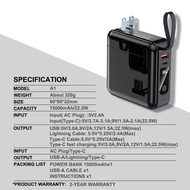 Neeize ประกัน2 ปี Powerbank 15000mAh พาวเวอร์แบงค์ชาร์จเร็ว Fast Charge PD20W มีขาปลั๊ก&สายในตัว หน้