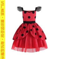 จุดในยุโรปและอเมริกาชุด Ladybug Reddy Girls cosplay เดรสลายการ์ตูนลายจุดตาข่ายกระโปรงเด็กผู้หญิง