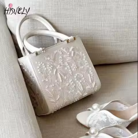 HISUELY Pearl Mini Duffel Handbag Women's Crossbody Bag with Chains Fashionable Small Tote Bag Ladie