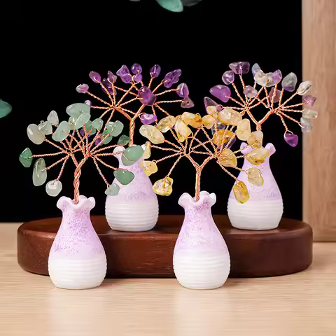 7cm Mini Natural Crystal Tree Handmade Wire Wrapped Gemstone Money Tree in Ceramic Vase for Desktop 