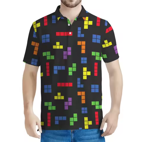 Colorful Games Block Puzzle Pattern Polo Shirt Men 3D Printed Tee Shirts Street Lapel Short Sleeves 