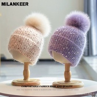 [10 Colors Available] Real Fox Fur Ball Cap Iceland Fur Hat Angola Rabbit Fur Hat Sequined Knitted H