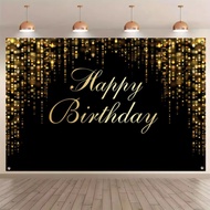 Black Gold Bokeh Light Happy Birthday Backdrop Glowing Draped Light Spots Adult Birthday Background