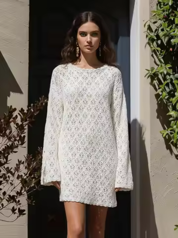 Elegant White Knit Hollow Out Loose Bell Sleeve Beach Mini Dress 2026 Women's Summer Casual Vacation