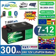 LiFePO4 24V 300Ah 200Ah 100Ah 340Ah 140Ah 12V Lithium Battery Bluetooth Grade A 6000 Cycles For Sola