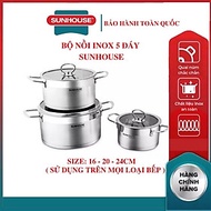 Bộ 3 nồi inox 5 đáy cao cấp bếp từ SUNHOUSE MAMA SH784 kích thước 16 - 20 - 24 CM (dùng được mọi l