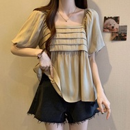 เสื้อเบลาส์ชีฟองสไตล์ฝรั่งเศสทรงหลวมสําหรับผู้หญิงฤดูร้อนมาใหม่พร้อมเสื้อผ้าทํางานลําลองคอเหลี่ยม Ru