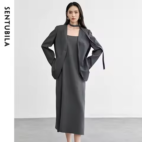 SENTUBILA Women's Gray Dress Set V-Neck Blazer Suit 2026 Spring Light Luxury High Sense Style 2 Piec